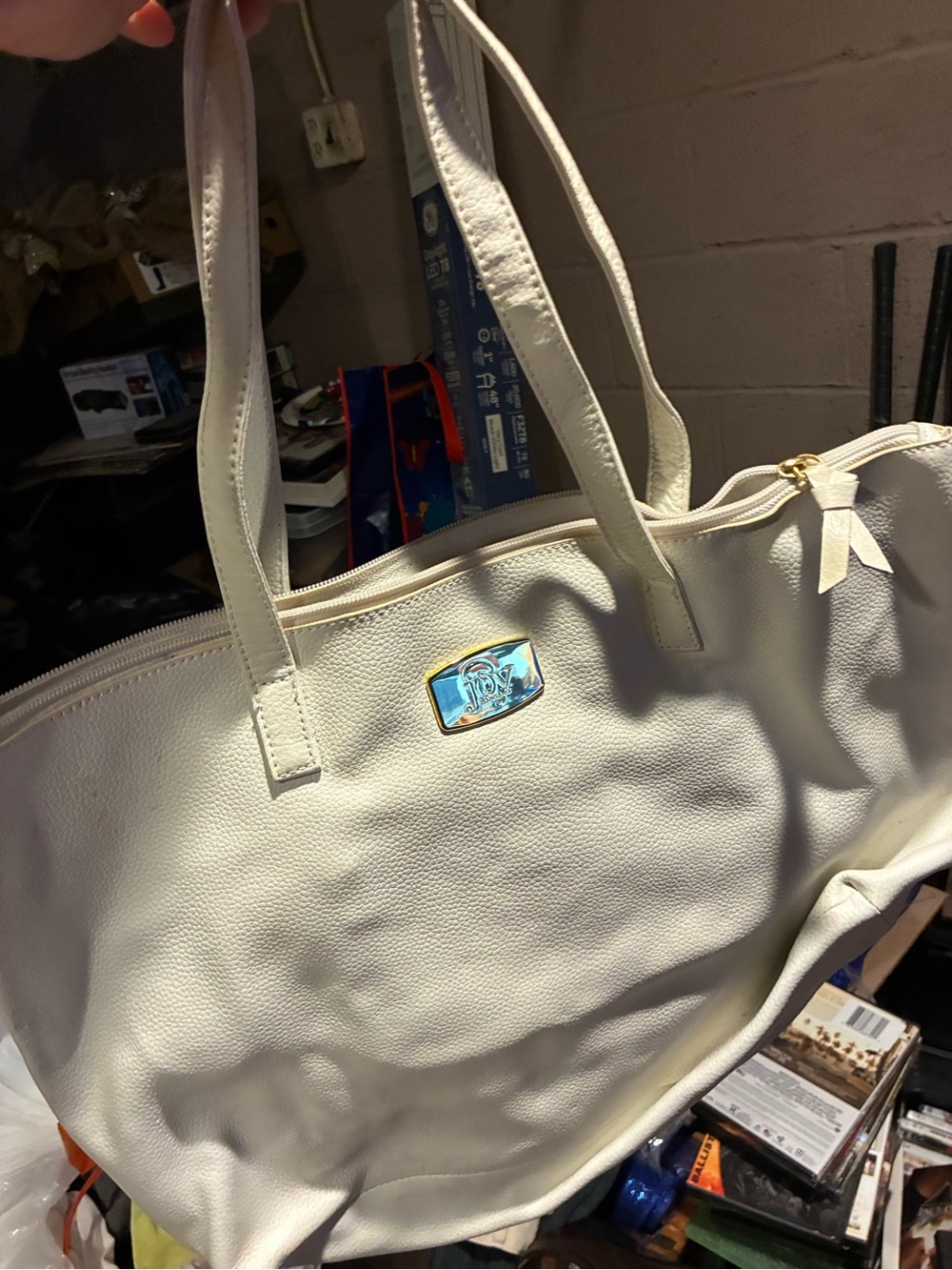 Joy Mangano White Tote with Gold-Tone Logo Plate